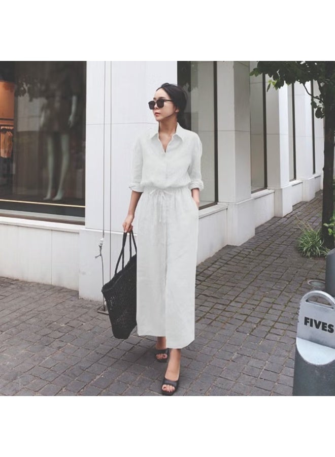 Linen Casual Waist Tie Detail Long Sleeve Dress LN07EKRU3
